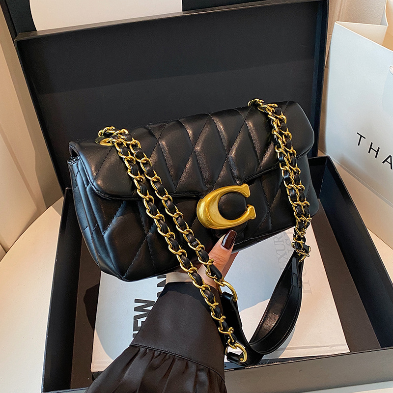 Luxury Bags Gold - Damska pikowana skórzana torba na ramię,