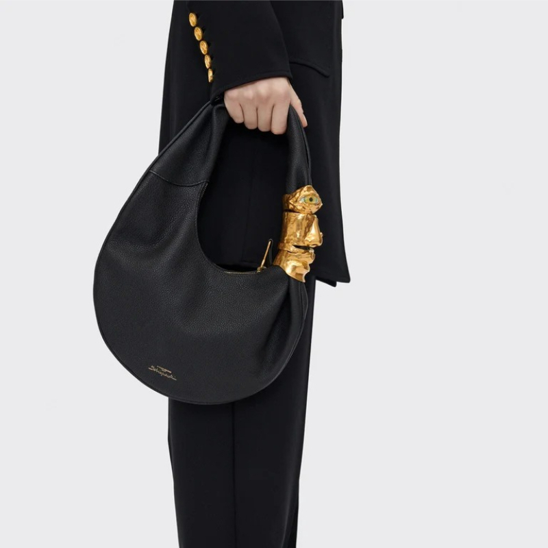 Half Moon Bag Suede - Luksusowa torebka soufflé damska, czarna, ze